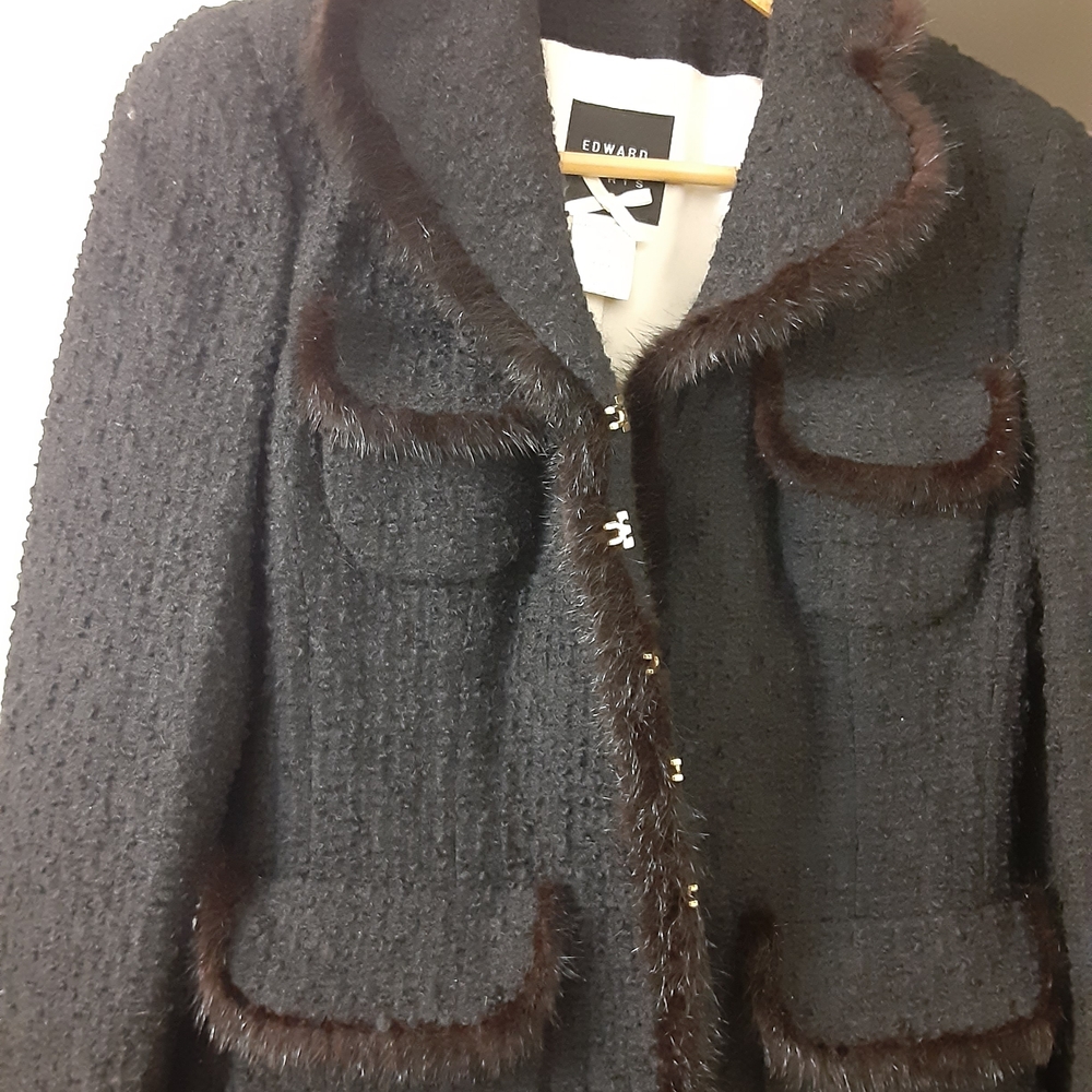 Edward Achour Paris Black Tweed Blazer with Brown Fur Trim